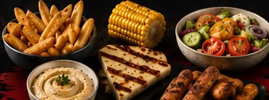 Peri salted chips, corn on the cob, grilled halloumi, hummus and a fresh salad bowl